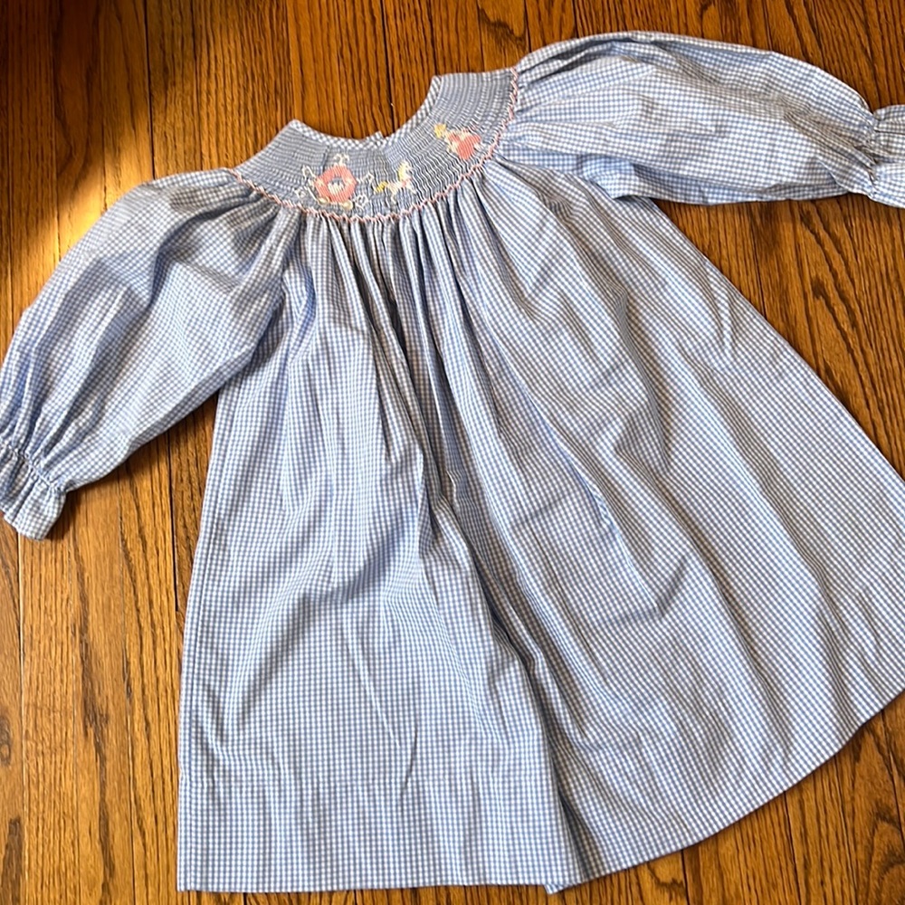 Blue Gingham Smocked Kids Dress with Floral Embroidery